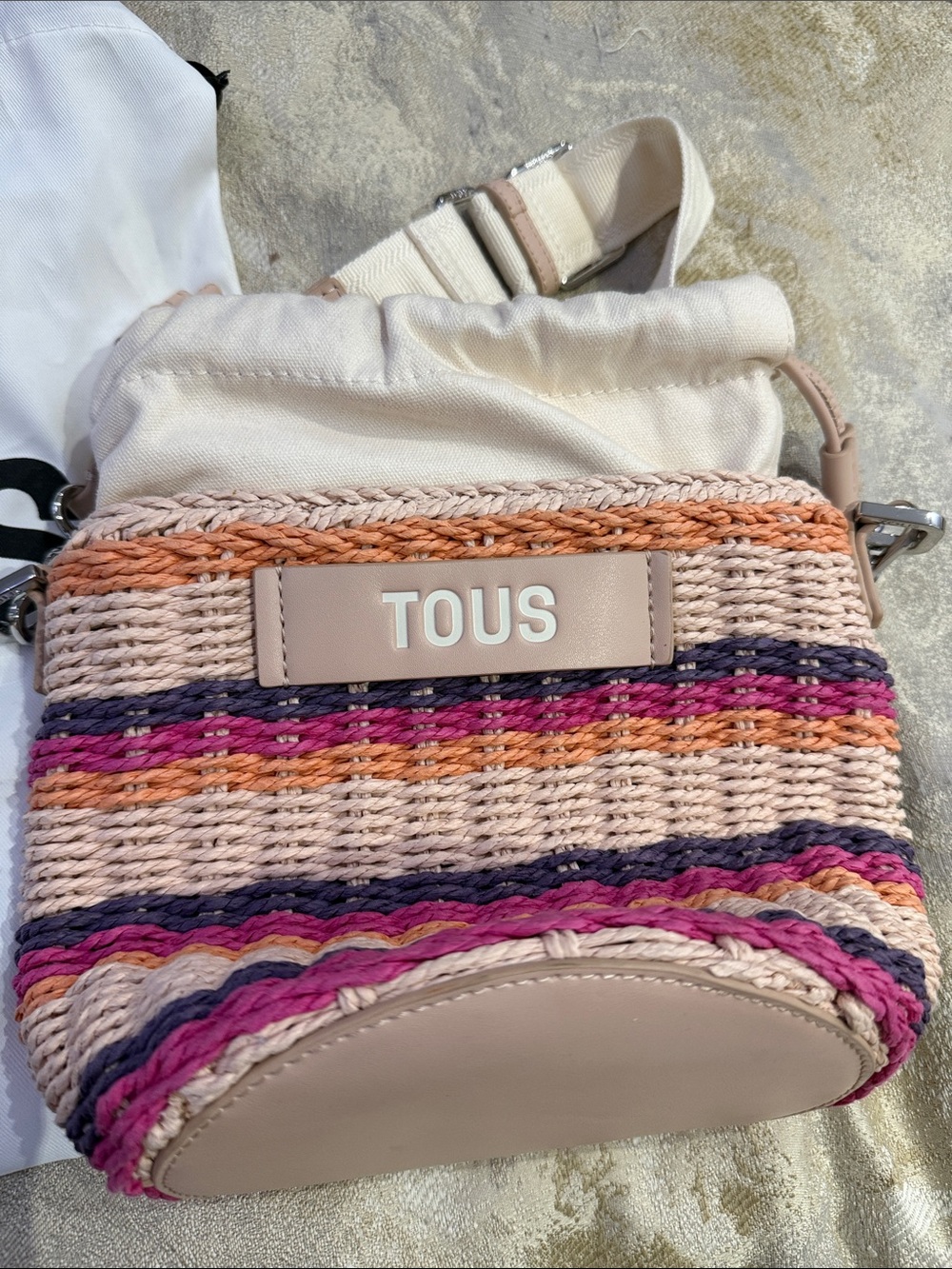 TOUS Pink Multicolor Striped Rafia Bucket Bag - Picture 4 of 8